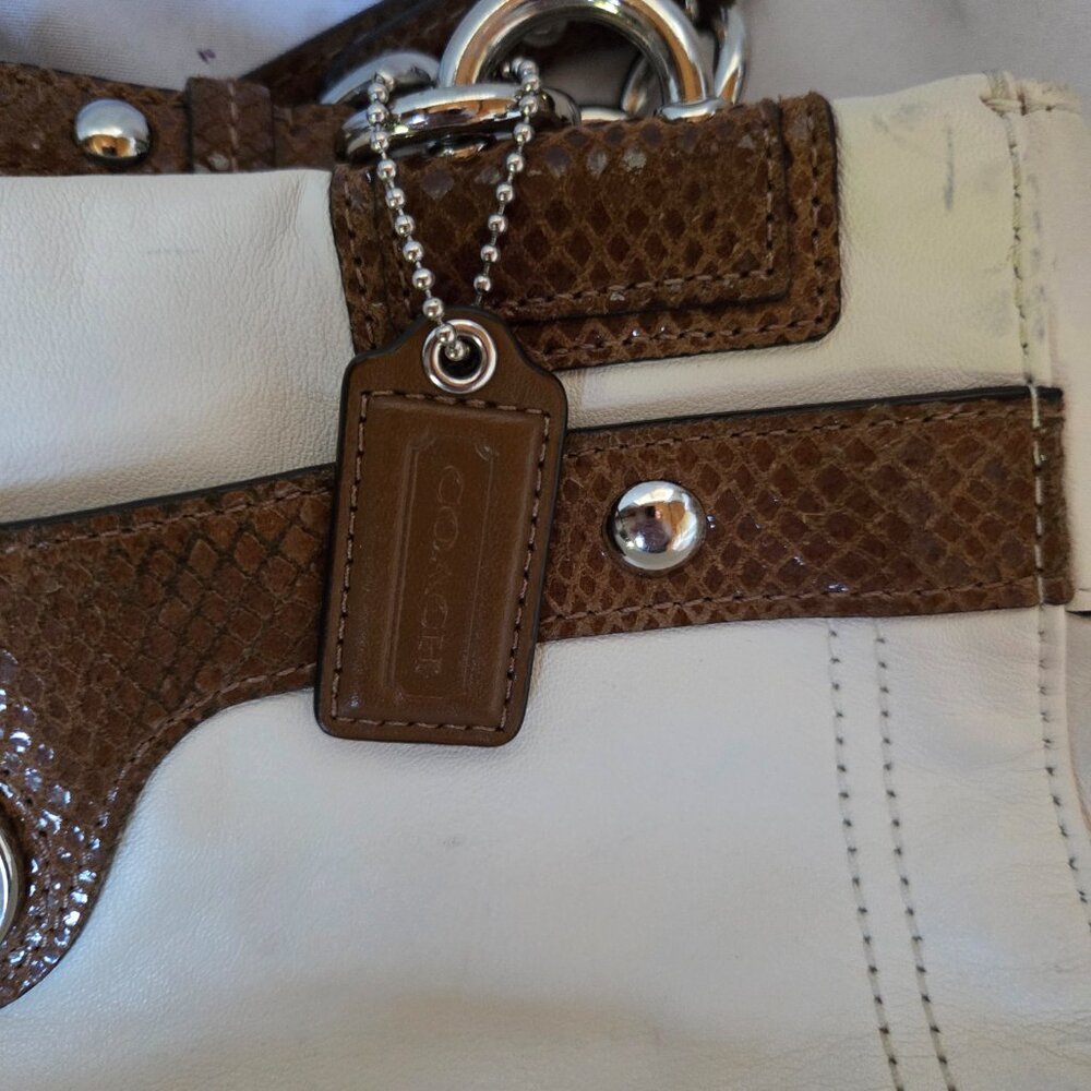 Coach Leather Purse | Cream & Brown Snake-Embossed Trim | Silver Hardware - Picture 5 of 13